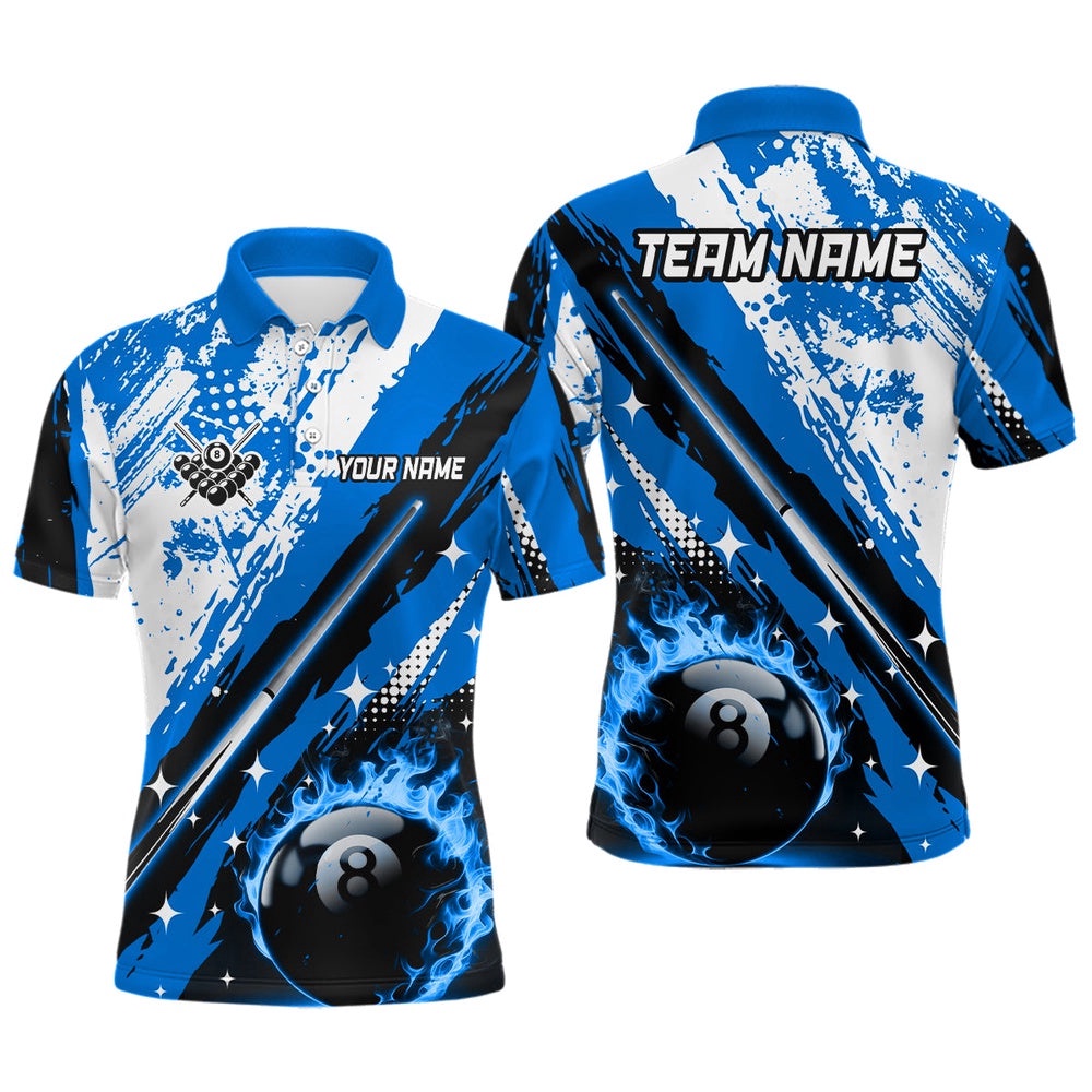 Billiard Cue 8 Ball Pool Grunge Style Polo Shirts, Best Billiard Polo Blue, Personalized Billiard Polo Shirt
