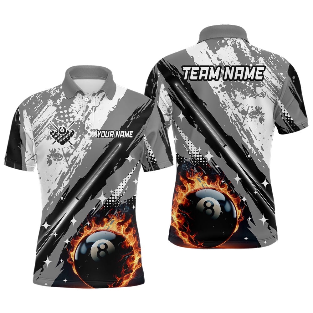 Billiard Cue 8 Ball Pool Grunge Style Polo Shirts, Best Billiard Polo Grey, Personalized Billiard Polo Shirt