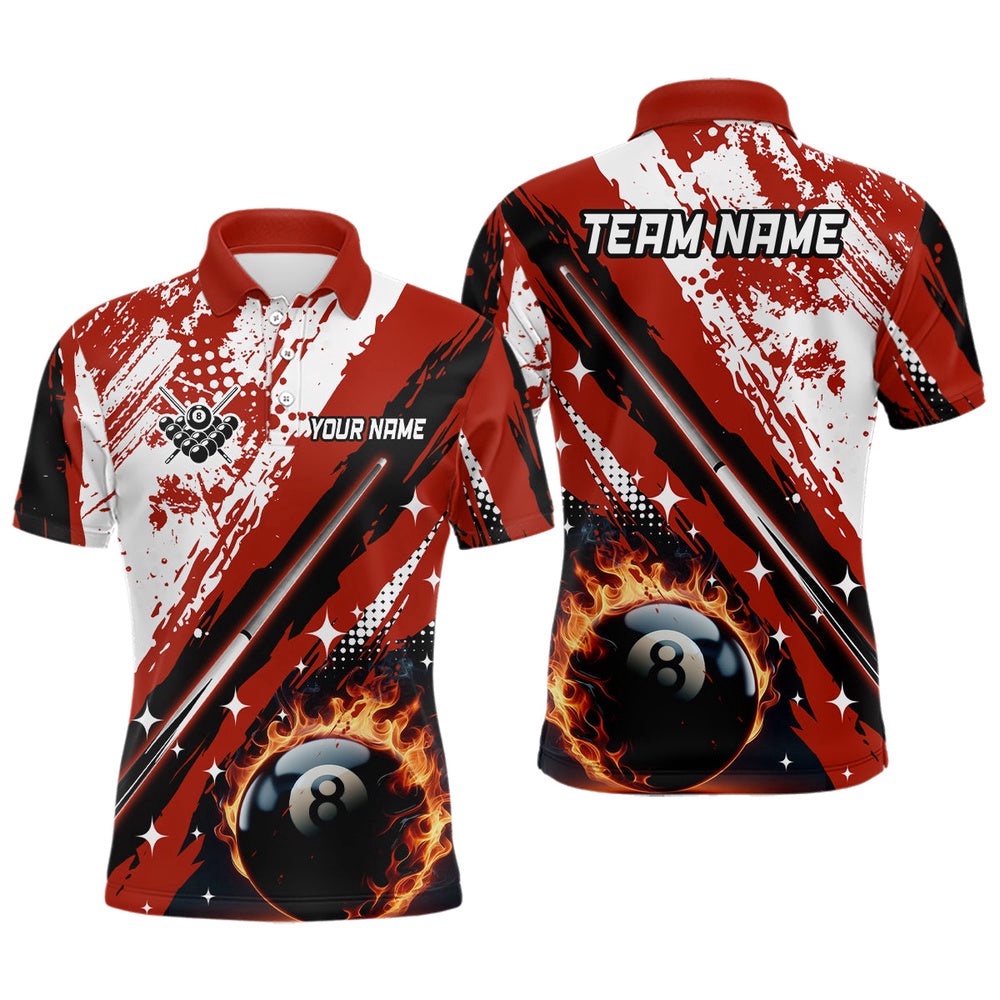 Billiard Cue 8 Ball Pool Grunge Style Polo Shirts, Best Billiard Polo Red, Personalized Billiard Polo Shirt