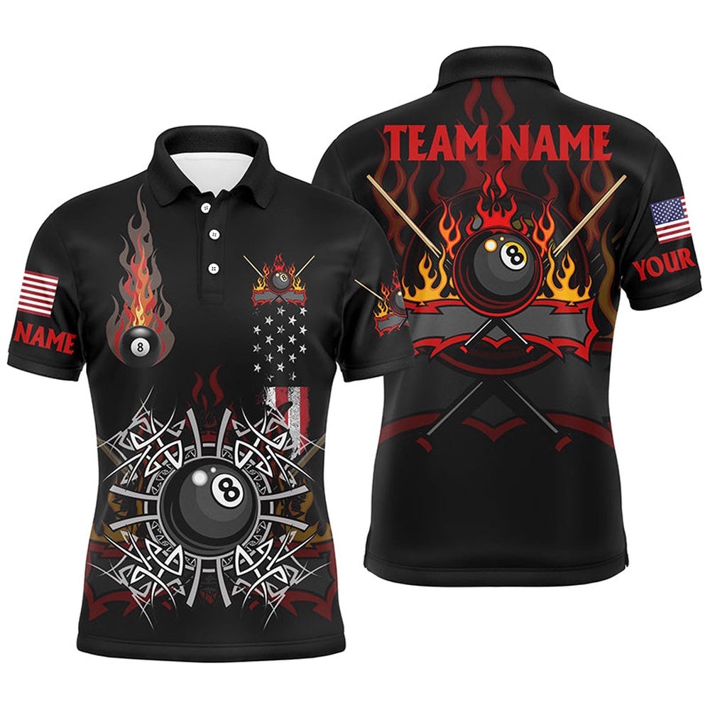Billiard Fire American Flag Polo Shirts, Unique Pool Player Shirts For Team, Personalized Billiard Polo Shirt