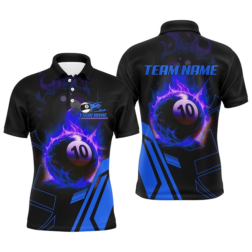 Billiard Flaming 10 Ball Pool 3D Printed Polo Shirts, Best Custom Pool Team Polo Shirts, Personalized Billiard Polo Shirt