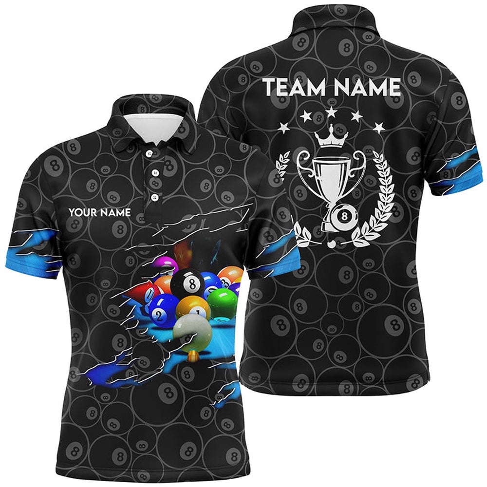 Billiard Player 3D Polo Shirts, Custom 8 Ball Pool Trophy Emblem Polo, Personalized Billiard Polo Shirt