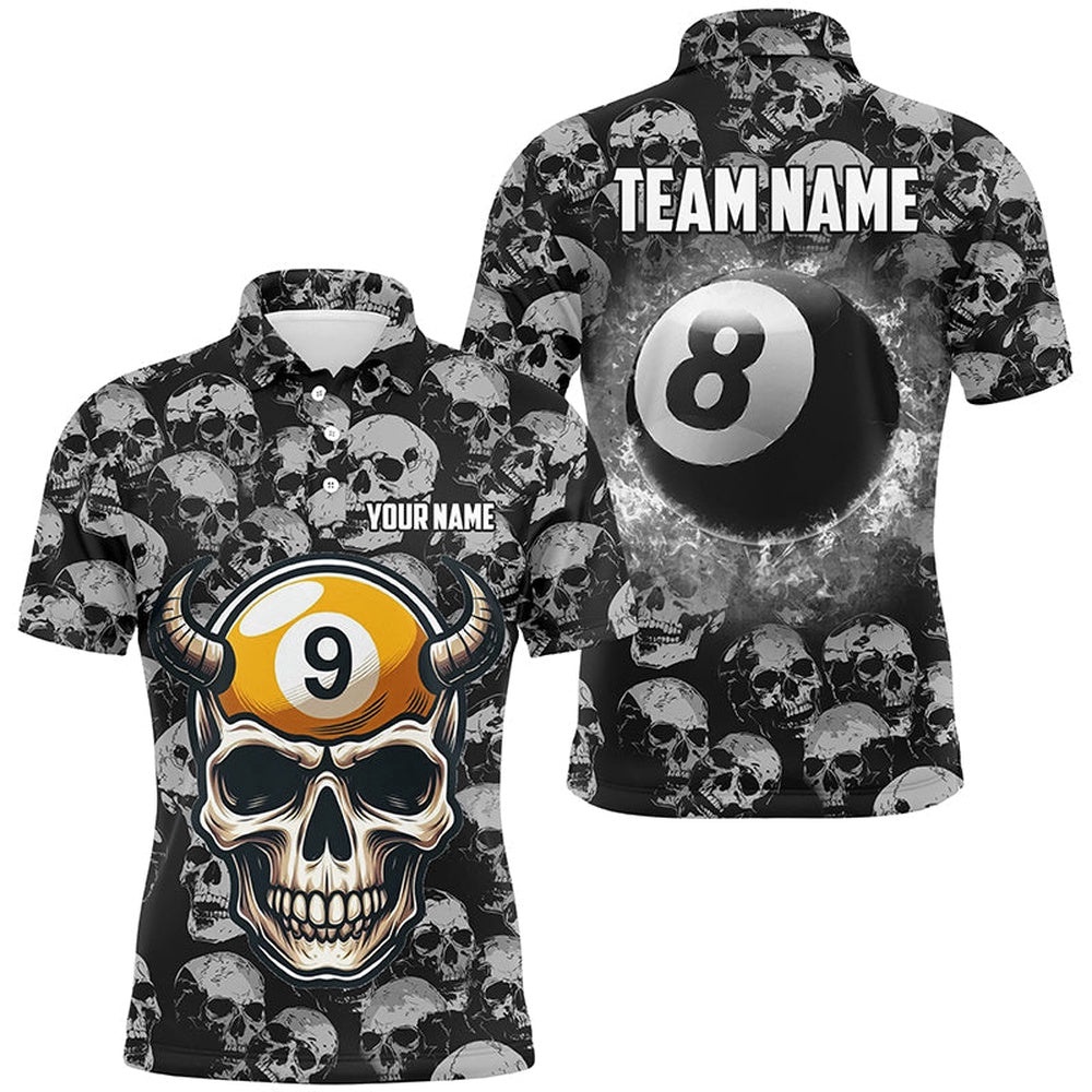 Billiard Polo 8 Ball & 9 Ball Custom Funny Skull Pattern Billiard Shirts, Personalized Billiard Polo Shirt
