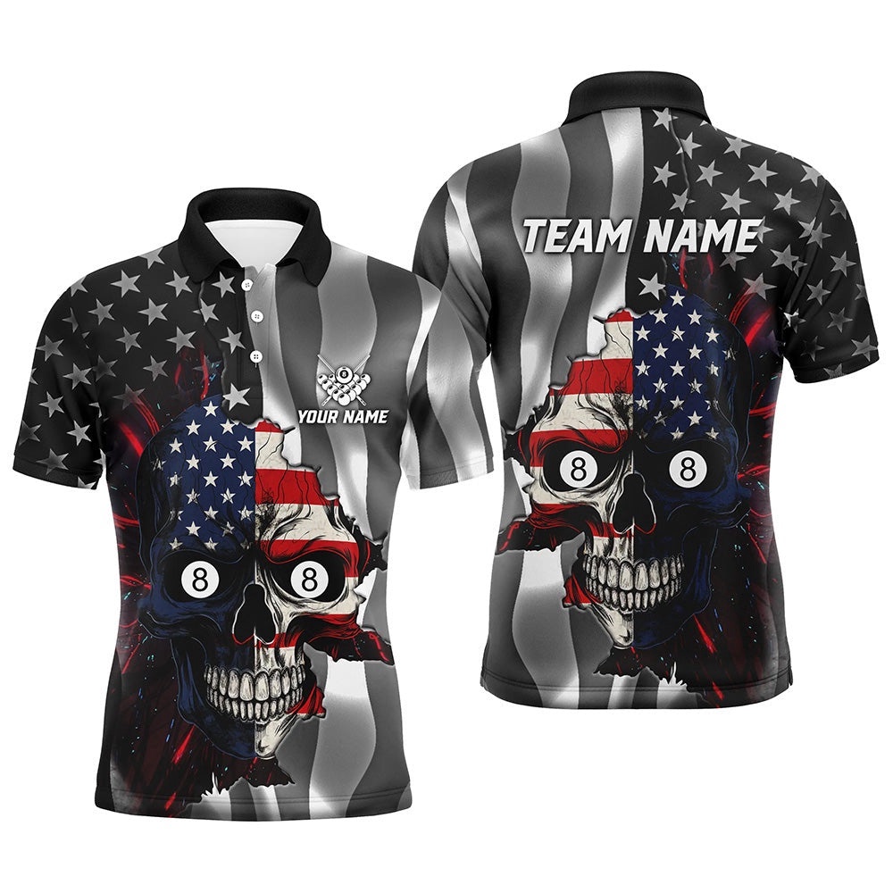 Billiard Skull American Flag Polo Shirts Custom Patriotic Billiard Polo Attire, Personalized Billiard Polo Shirt