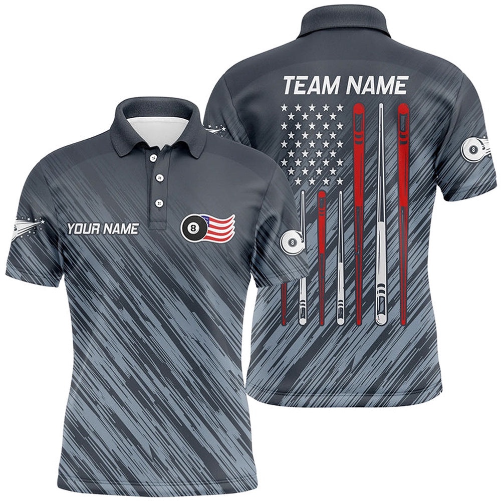 Billiard US Flag 8 Ball Pool Polo Shirts, Custom US Flag Sticks Pool Shirts, Personalized Billiard Polo Shirt