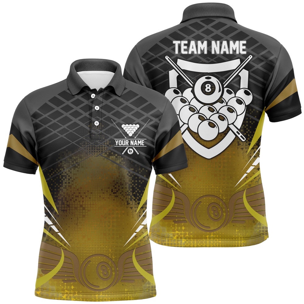 Billiards 8 Ball Pool Black Yellow 3D Polo Shirts, Billiard Balls Polo, Personalized Billiard Polo Shirt