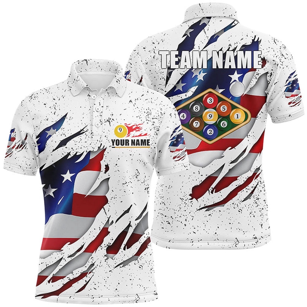 Billiards Balls US Flag White Grunge Custom Name 9 Ball Pool Shirts, Personalized Billiard Polo Shirt