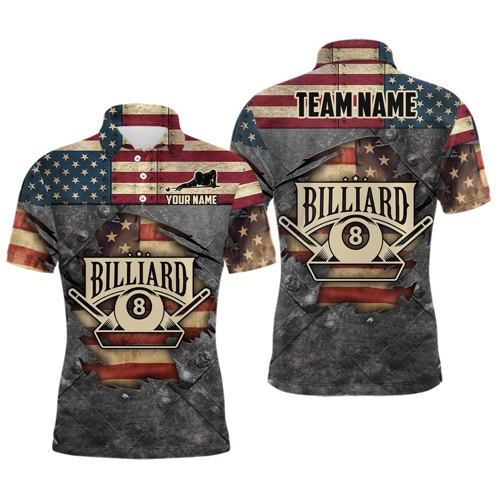 Billiards Vintage US Flag Custom Billiard 3D Polo Shirts, Custom 8 Ball Pool Team Shirts, Personalized Billiard Polo Shirt