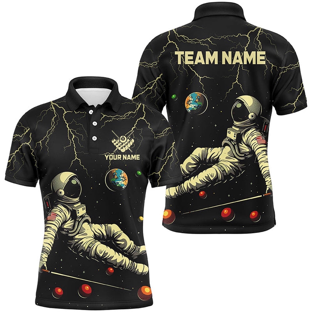 Black Astronaut Lightning Galaxy Billiard Shirts, Funny Billiard Apparel, Personalized Billiard Polo Shirt