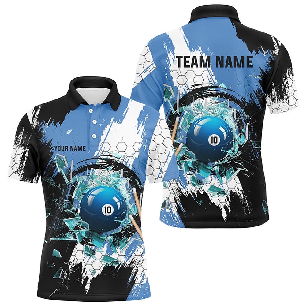 Black Blue Break Glass 10 Ball Pool 3D Shirts 10 Ball Billiards Polo, Personalized Billiard Polo Shirt