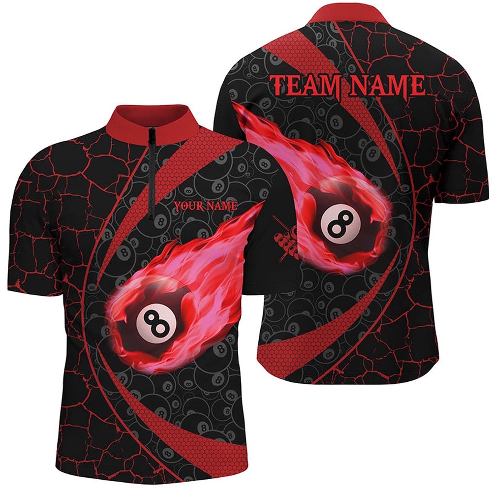 Black Red Billiard Fire Flame Jersey Shirts Custom Name 8 Ball Pool Team Shirts, Personalized Billiard Team Jersey Shirt