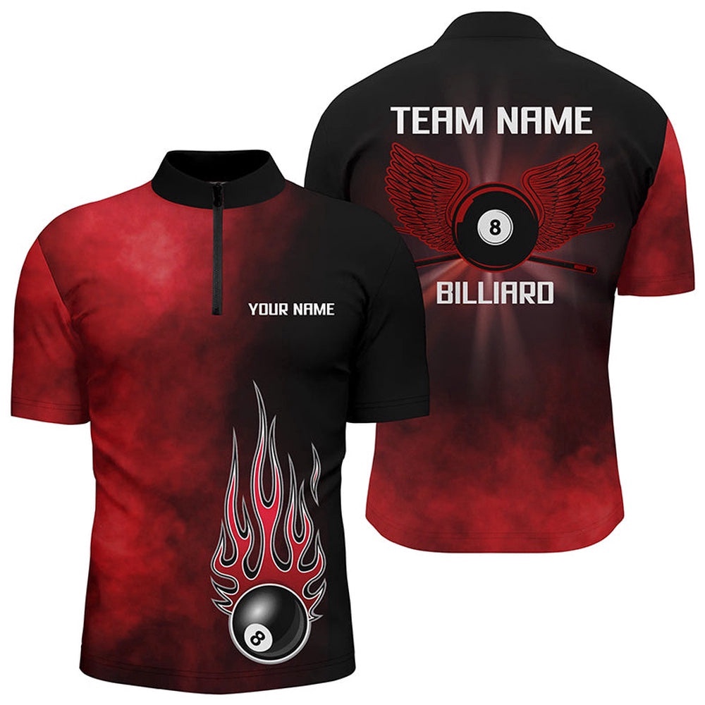 Black Red Flame 8 Ball Pool Jersey Shirts, Custom Billiard 8 Ball Wing Jerseys, Personalized Billiard Team Jersey Shirt