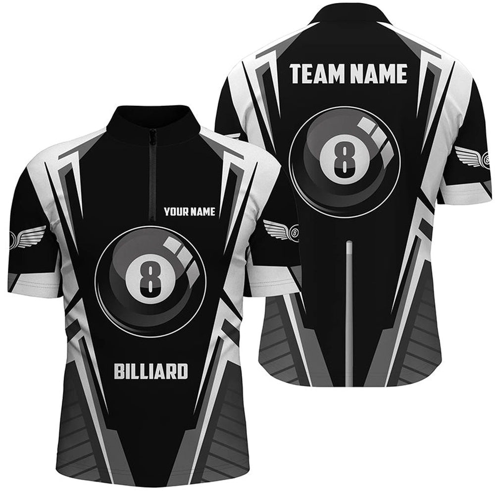 Black White 8 Ball Pool Jersey Shirts, Custom 8 Ball Pool Billiards Team Shirts, Personalized Billiard Team Jersey Shirt