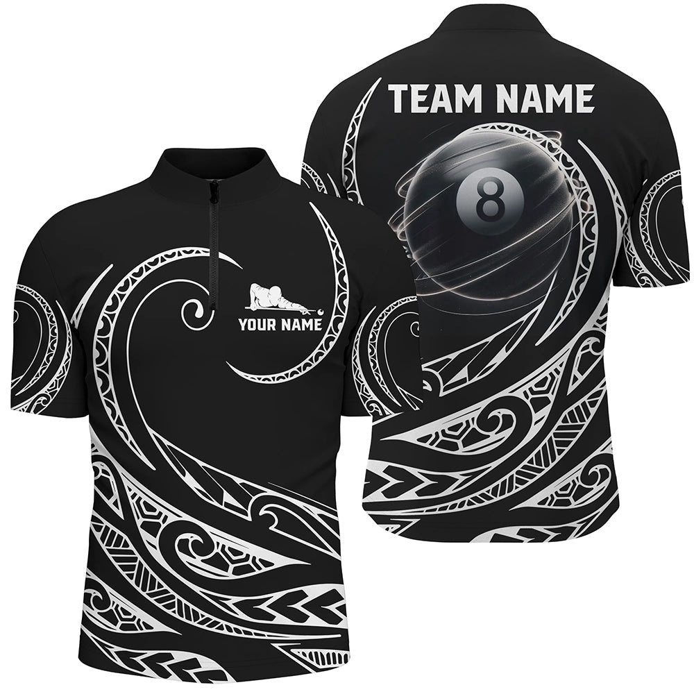 Black White 8 Ball Pool Tribal Pattern Jersey Shirts Custom Billiard Pool Jerseys, Personalized Billiard Team Jersey Shirt