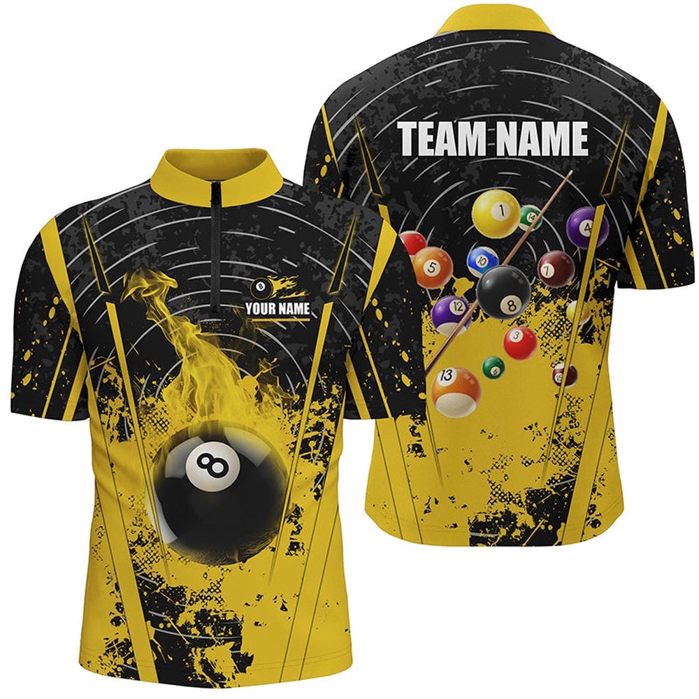 Black Yellow 8 Ball Pool Flame Paint Jersey Shirts Custom Billiard Jersey Attire, Personalized Billiard Team Jersey Shirt Black Yellow 8 Ball Pool Flame Paint Jersey Shirts Custom Billiard Jersey Attire, Personalized Billiard Team Jersey Shirt