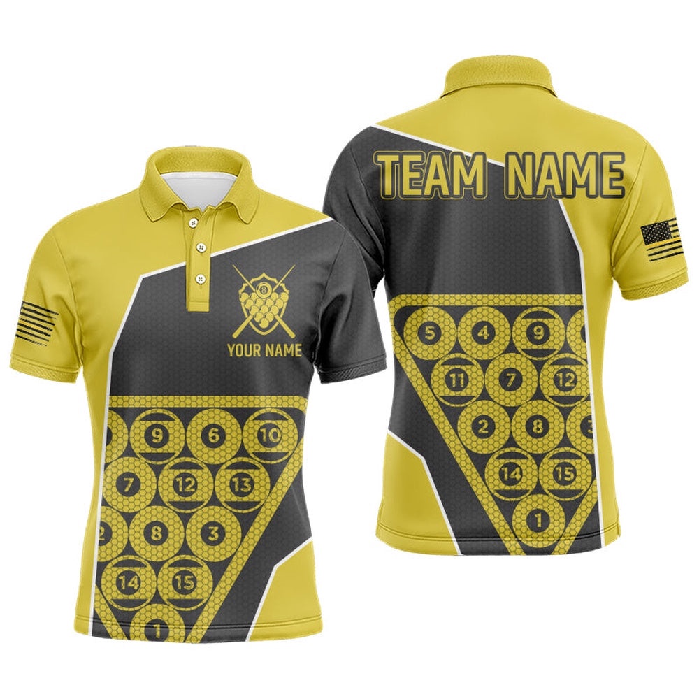 Black Yellow Billiard Polo Polo Shirts, Custom Polo Billiards Apparel, Personalized Billiard Polo Shirt