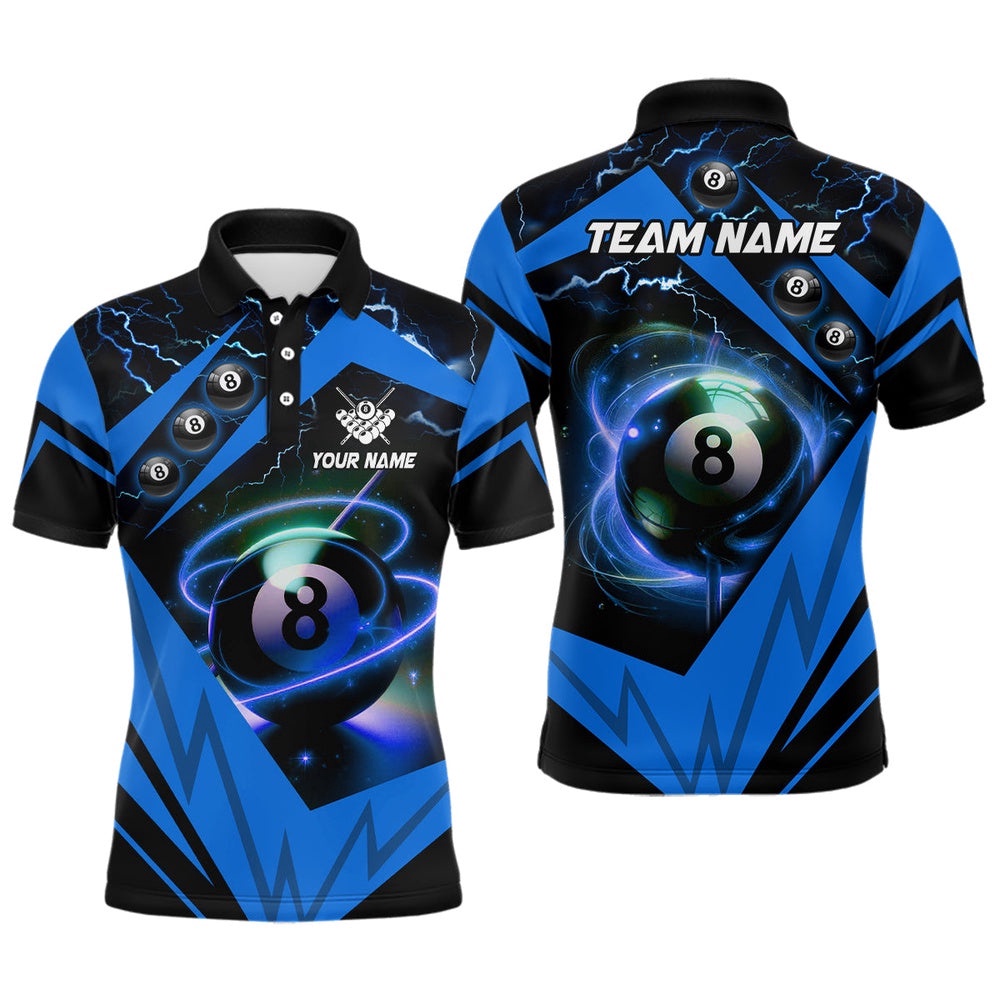 Blue 8 Ball Pool Billiard Polo Custom Team League Billiard Shirts, Personalized Billiard Polo Shirt