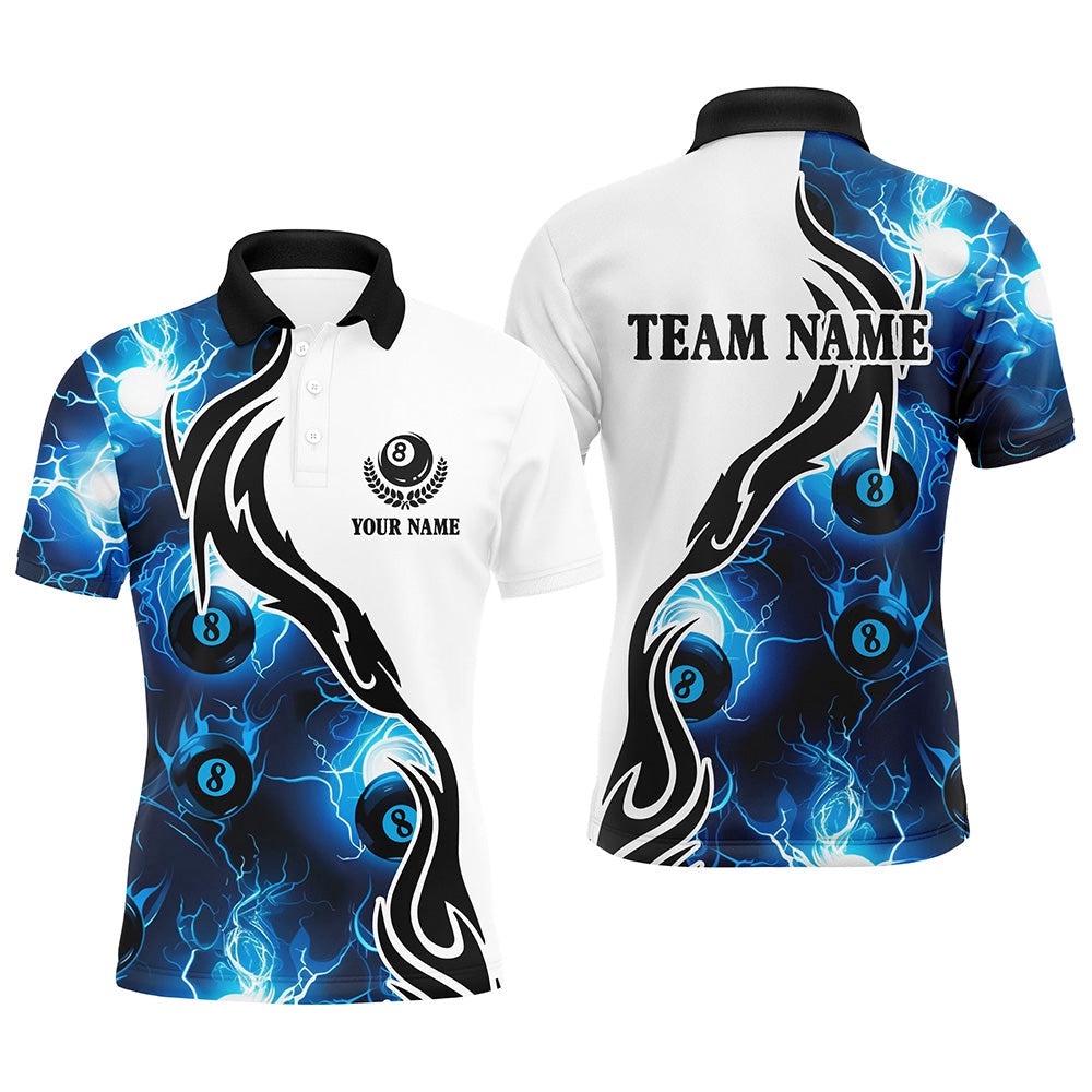 Blue 8 Ball Pool Thunder Lightning Custom Billiard Shirts Billiard Team Polo, Personalized Billiard Polo Shirt