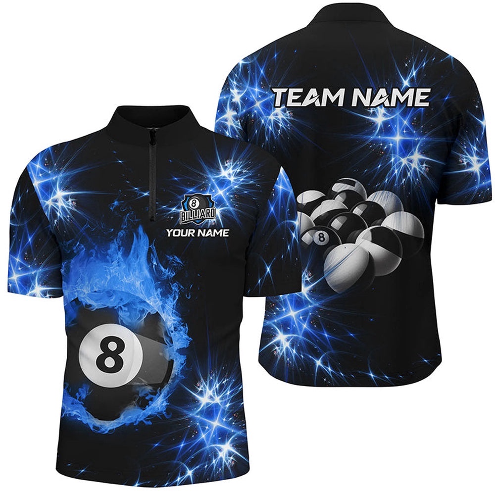 Blue Billiard 8 Ball Fire Flame Jersey Shirt Custom Billiard Balls Team Jersey, Personalized Billiard Team Jersey Shirt