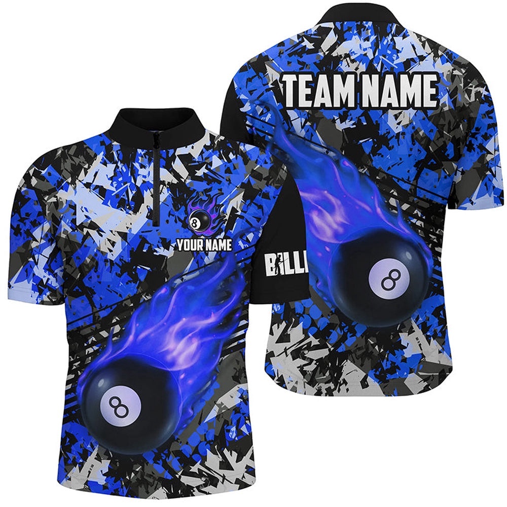 Blue Billiard Ball 8 Fire Flame Jersey Shirts Custom 8 Ball Pool Billiard Jersey, Personalized Billiard Team Jersey Shirt