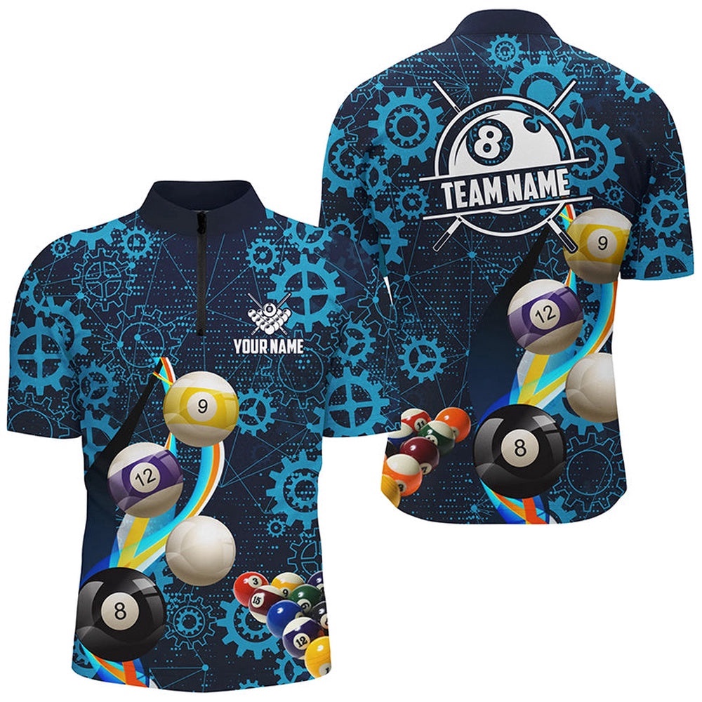 Blue Billiard Balls Gear Pattern Billiard Shirts Custom Colorful Billiard Jerseys, Personalized Billiard Team Jersey Shirt