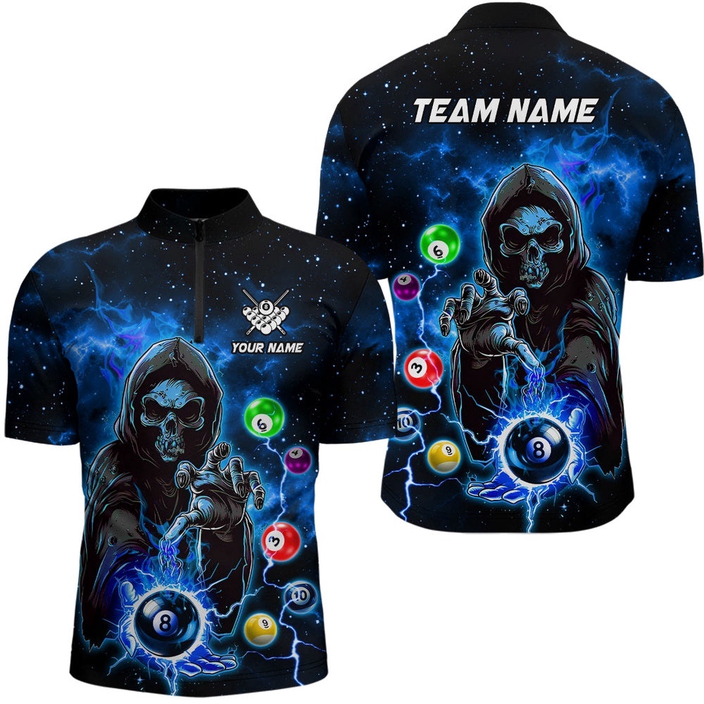 Blue Billiard Death Skeleton Jersey & Jersey Shirts Customized Team League Billiard Jerseys, Personalized Billiard Team Jersey Shirt