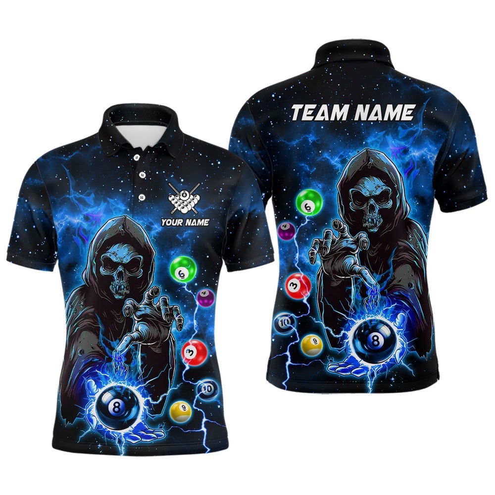 Blue Billiard Death Skeleton Polo & Polo Shirts Customized Team League Billiard Polo, Personalized Billiard Polo Shirt