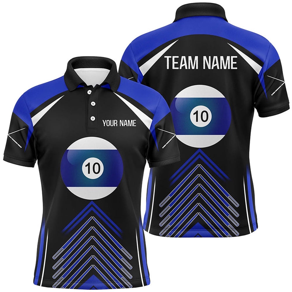 Blue Black 10 Ball Custom 10 Ball Pool Billiards Polo, Personalized Billiard Polo Shirt