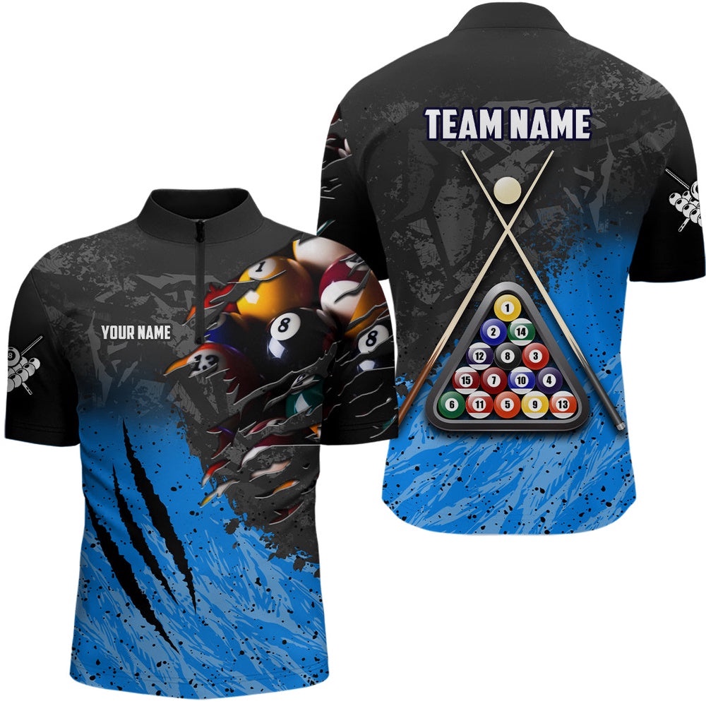 Blue Black 8 Ball Billiards 3D Shirts Custom Pool Billiards Team Jerseys, Personalized Billiard Team Jersey Shirt
