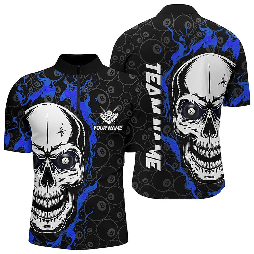 Blue Flame Skull Billiard Jersey Shirts Custom Team Name Billiard Jerseys, Personalized Billiard Team Jersey Shirt