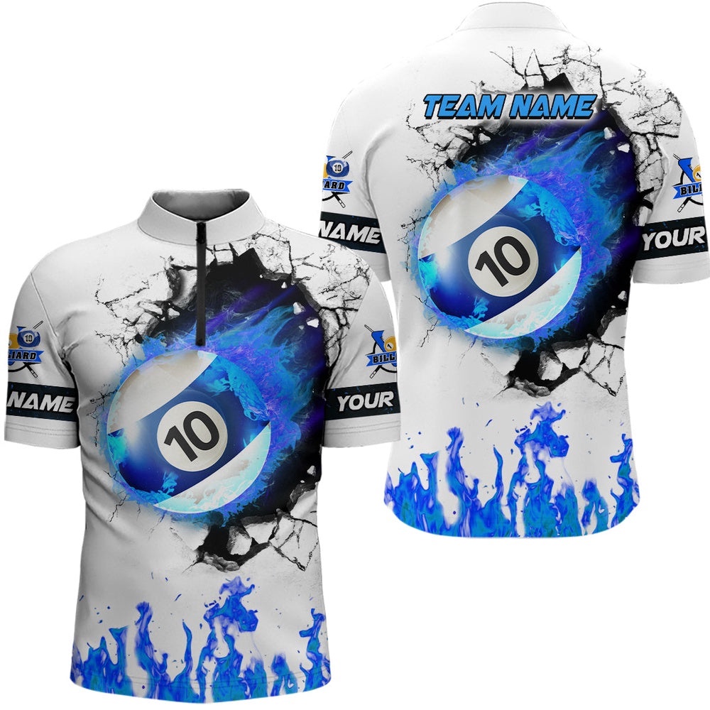 Blue Flaming 10 Ball Pool 10 Ball Billiard Apparel, Personalized Billiard Team Jersey Shirt
