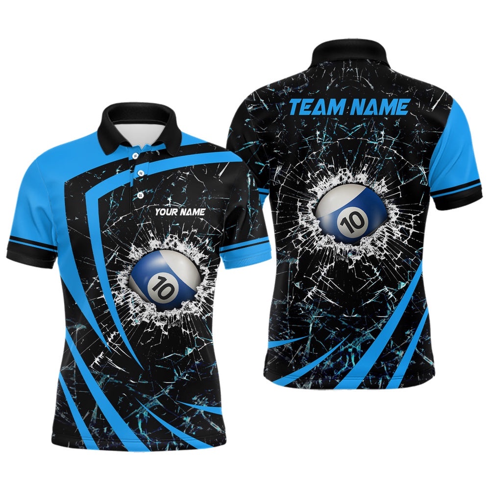Blue Glass Break 10 Ball Billiard 3D Polo Shirts, Custom 10 Ball Pool Polo, Personalized Billiard Polo Shirt