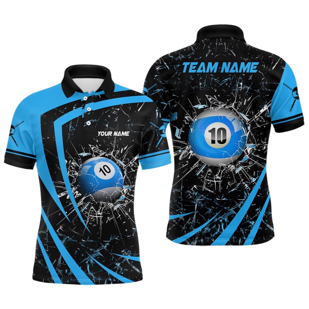 Blue Glass Break 10 Ball Billiard 3D Polo Shirts, Personalized Billiard Polo Shirt