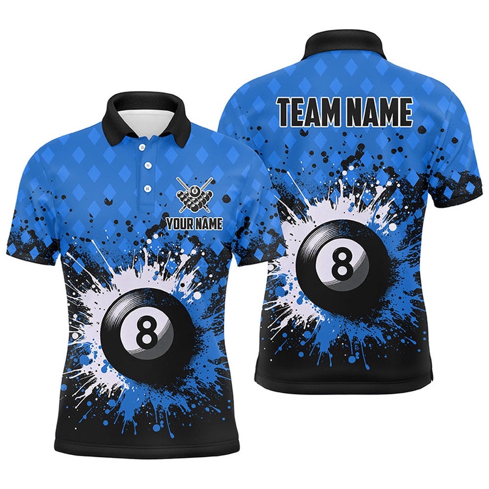 Blue Grunge 8 Ball Pool Billiards Polo Shirts Custom Billiard Team Polo Uniform, Personalized Billiard Polo Shirt