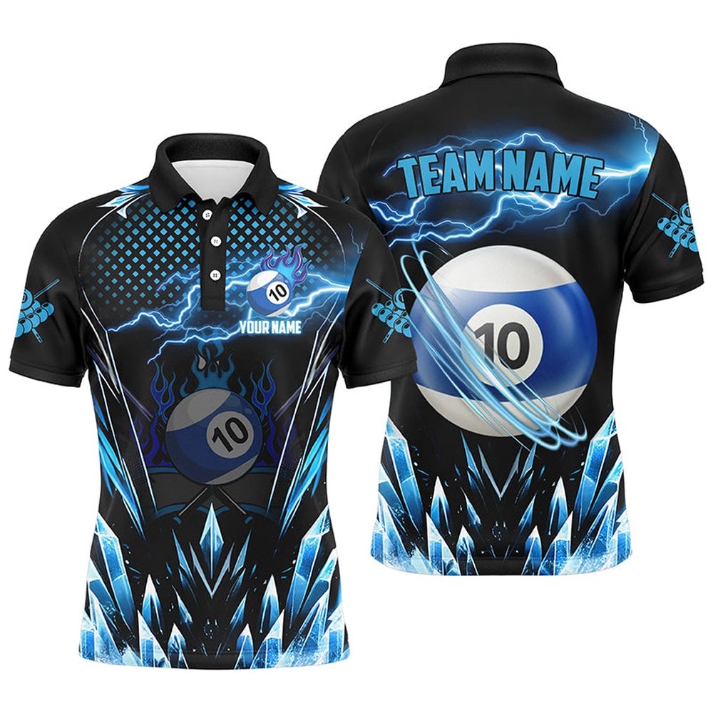 Blue Icy Lightning 10 Ball Pool Polo Shirts Custom Billiard Team League Polo, Personalized Billiard Polo Shirt