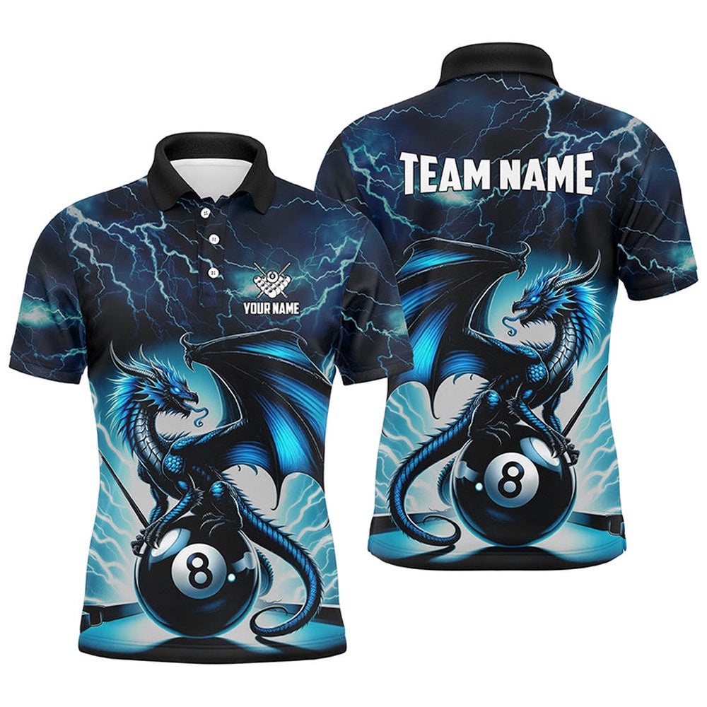 Blue Lightning Thunder Dragon 8 Ball Pool Polo Shirts Custom Billiard Team League Polo, Personalized Billiard Polo Shirt
