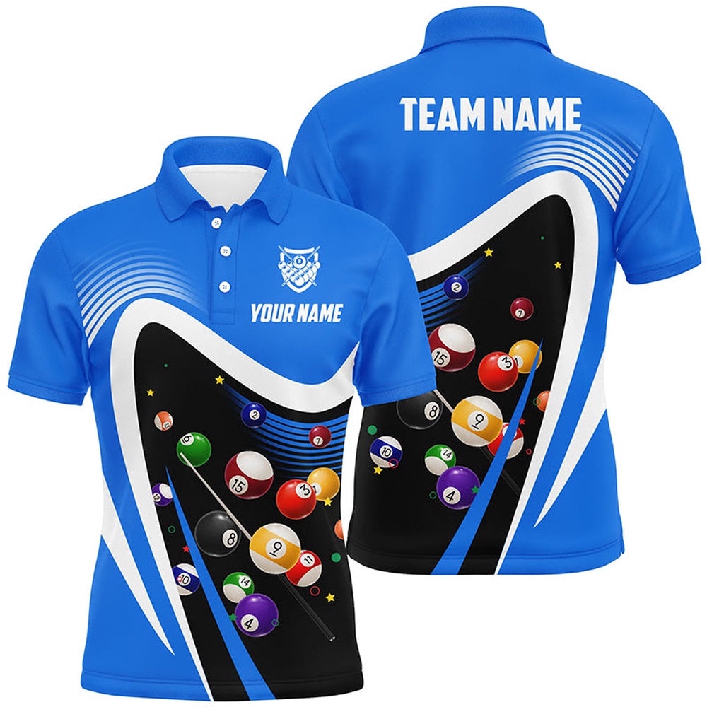 Blue Sport Billiard Balls 3D Polo Shirts, Custom 8 Ball Billiard Team Polo, Personalized Billiard Polo Shirt