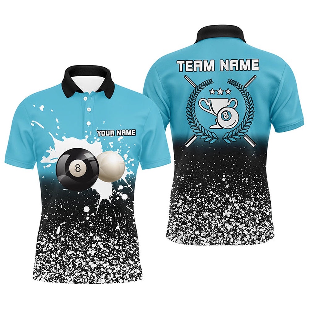 Blue White Paint Splash 8 Ball Billiard 3D Polo Shirts, Billiards Polo, Personalized Billiard Polo Shirt