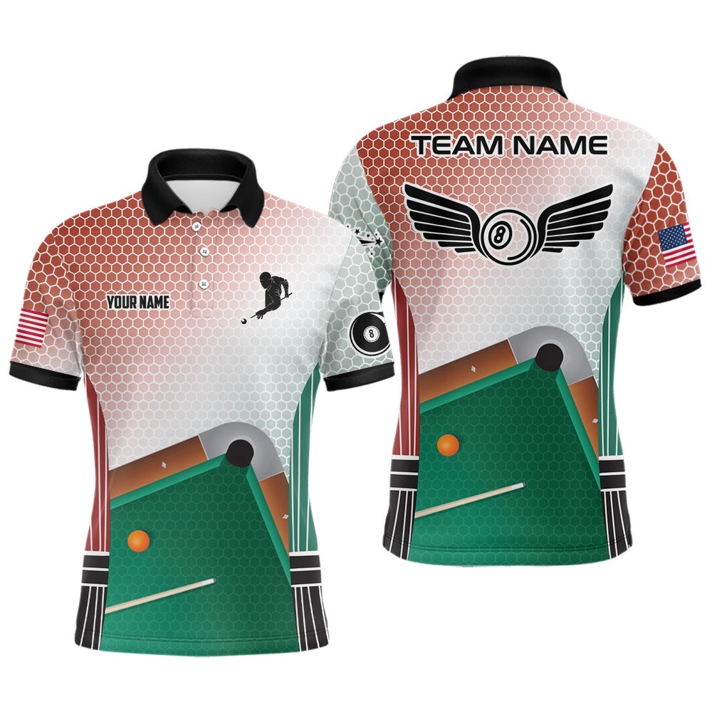 Brown Hive 8 Ball Wing Billiard 3D Polo Shirts, Custom Name Pool Table Shirts, Personalized Billiard Polo Shirt