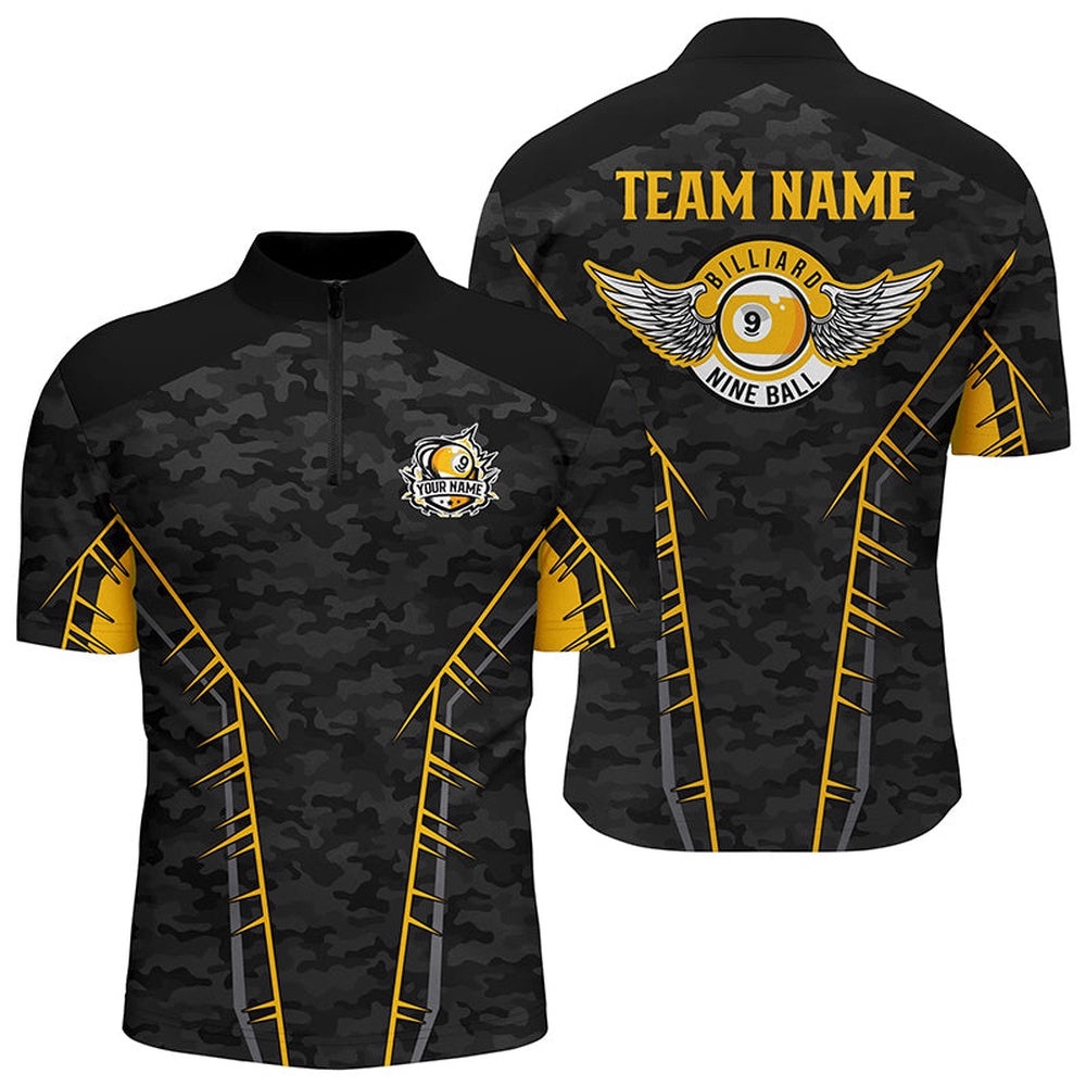 Camo Yellow 9 Ball Pool Jersey Shirts, Custom Billiard 9 Ball Team Jerseys, Personalized Billiard Team Jersey Shirt