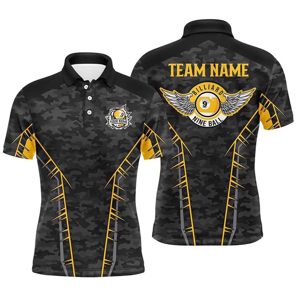 Camo Yellow 9 Ball Pool Polo Shirts, Custom Billiard 9 Ball Team Polo, Personalized Billiard Polo Shirt