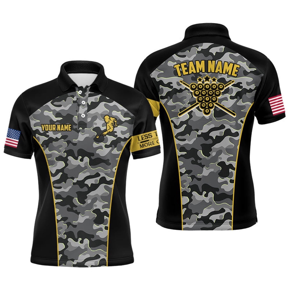 Camouflage Black Yellow Custom Player Billiards Polo, Personalized Billiard Polo Shirt