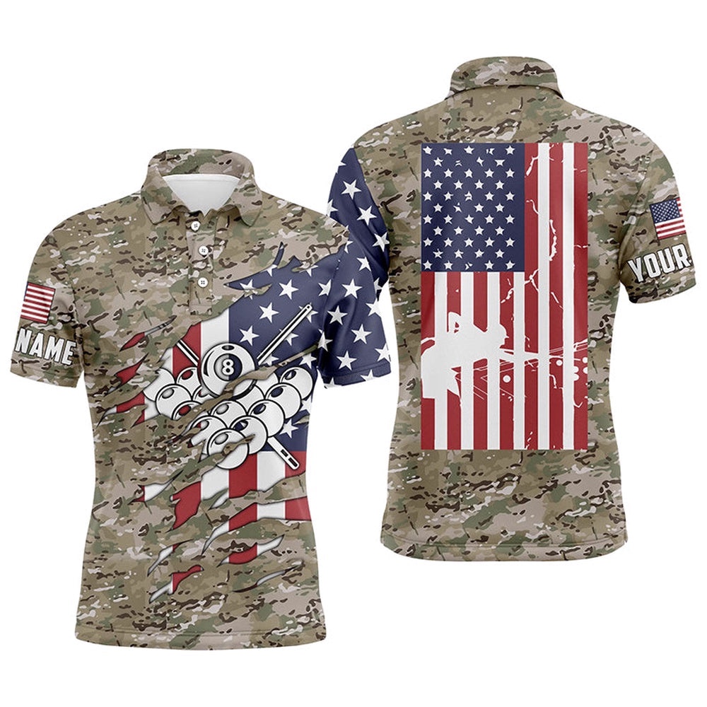 Camouflage US Flag Billiard Balls Polo Shirts, Custom 8 Ball Billiard Polo, Personalized Billiard Polo Shirt