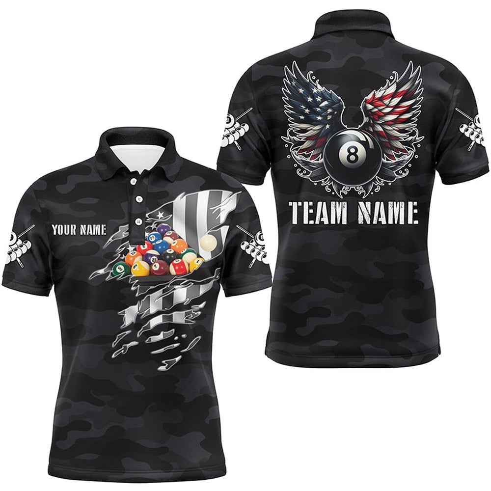 Camouflage US Flag Billiard Balls Shirts, Personalized Billiard Polo Shirt