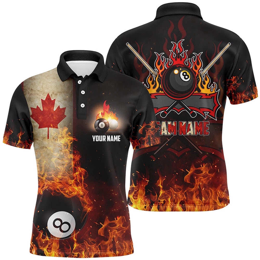Canadian Flag 8 Ball Pool On Fire 3D Billiards Polo, Personalized Billiard Polo Shirt