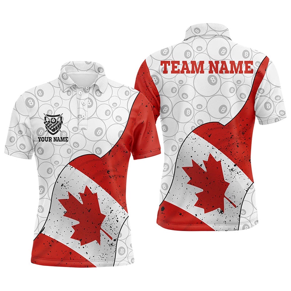 Canadian Flag Billiard Polo Shirts Custom 8 Ball Pool Pattern Billiard Shirts, Personalized Billiard Polo Shirt