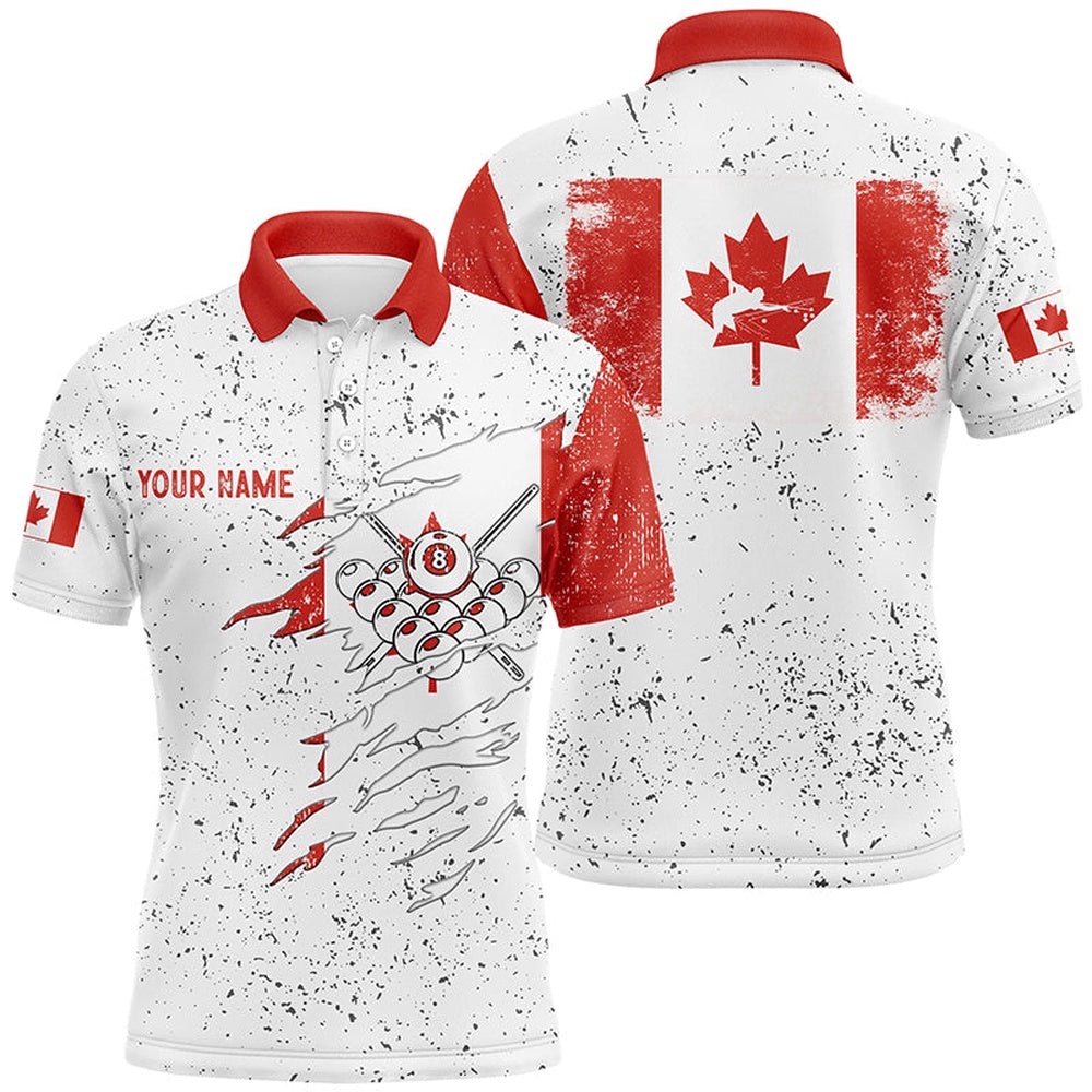 Canadian Flag Billiard White Grunge Polo Shirts, Custom Billiard Player Shirts, Personalized Billiard Polo Shirt