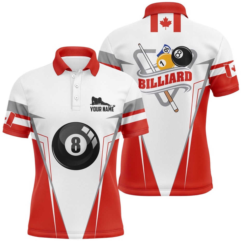 Canadian Flag Billiards Polo Shirts, Custom 8 Ball Pool Player Polo, Personalized Billiard Polo Shirt