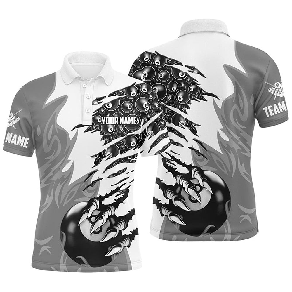 Claw 8 Ball Pool Grey 3D Billiard Polo Shirts Best Billiard Apparel Clothing, Personalized Billiard Polo Shirt