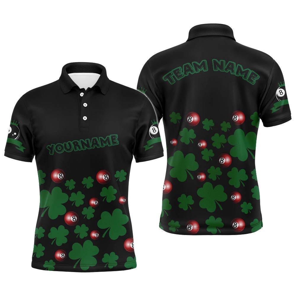 Custom Black Green 3D Pattern Billiard Balls And Clovers Full Printing Polo Shirts, Personalized Billiard Polo Shirt